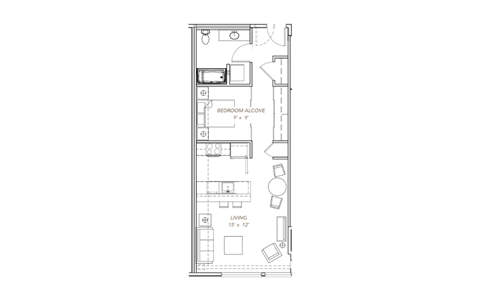 a floor plan of a small apartment with a bedroom and a living room